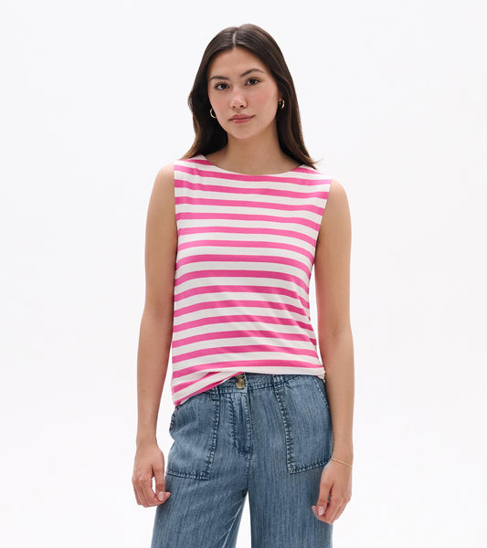 Sleeveless white tank with pink horizontal stripes, front view, worn with blue jeans.