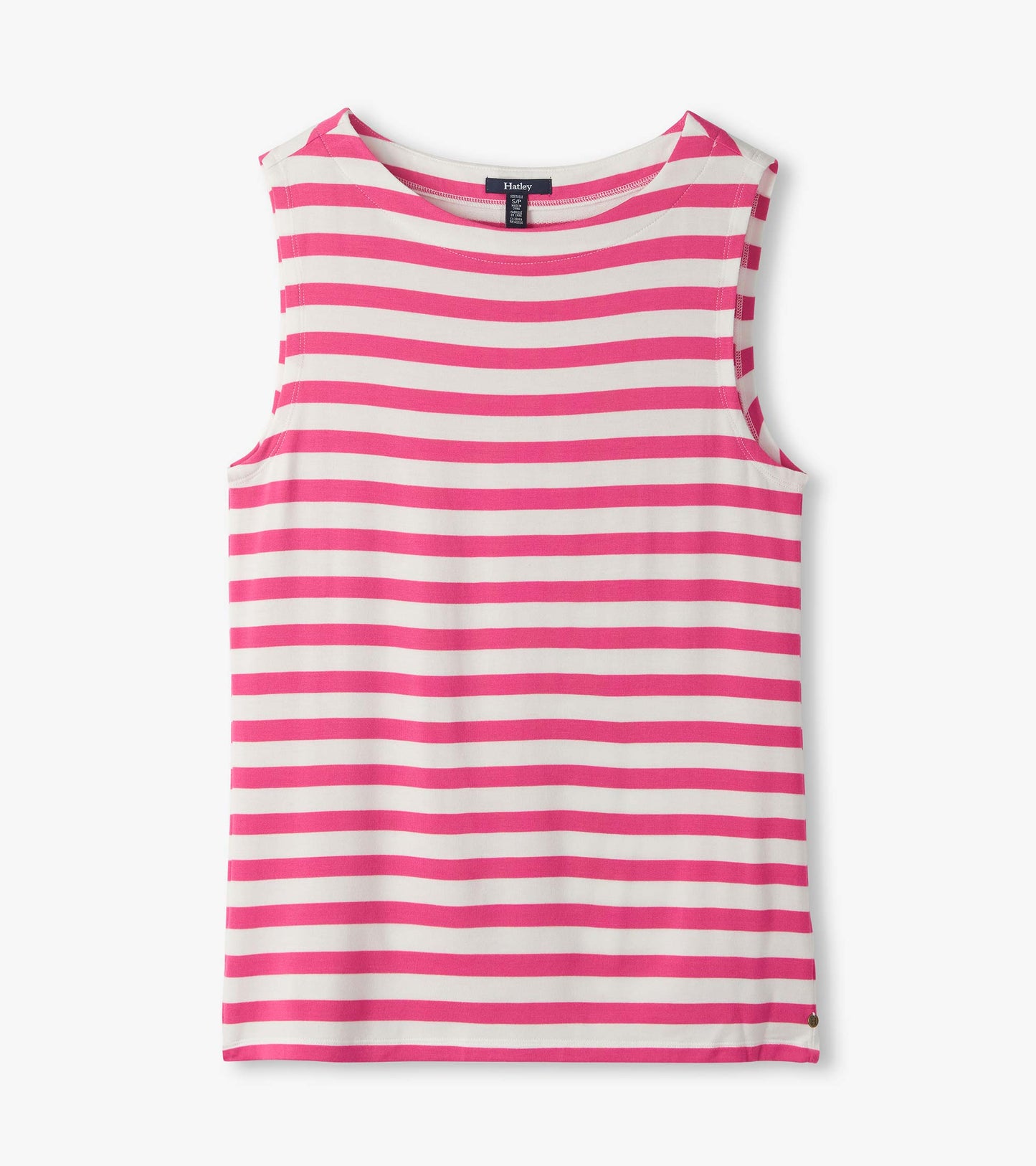 Sleeveless white tank top with bright pink horizontal stripes, front view