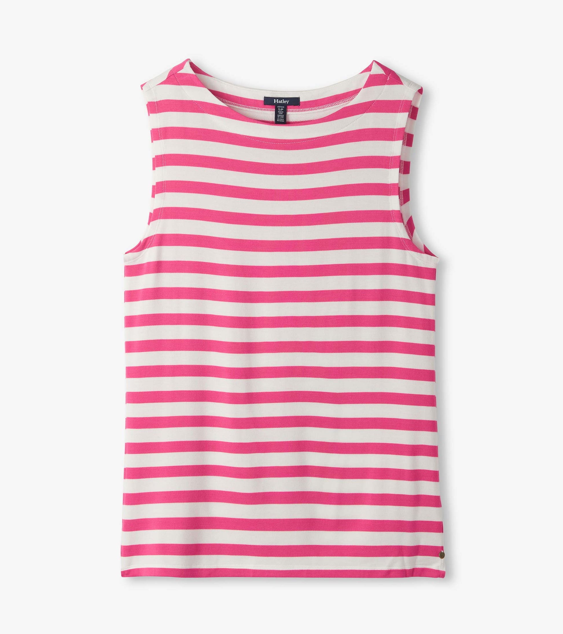 Sleeveless white tank top with bright pink horizontal stripes, front view
