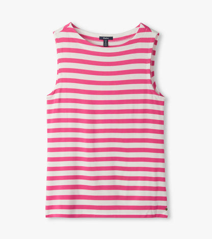 Sleeveless white tank top with bright pink horizontal stripes, front view
