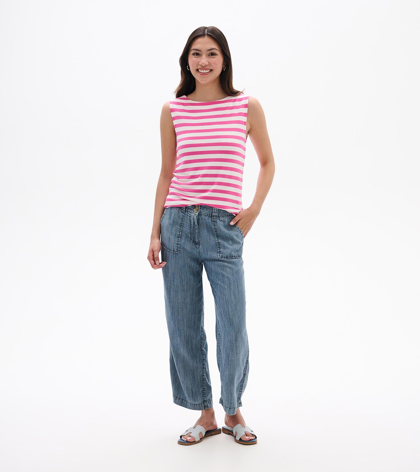 Sleeveless pink-and-white striped tank top with a straight hem, shown on a model front view