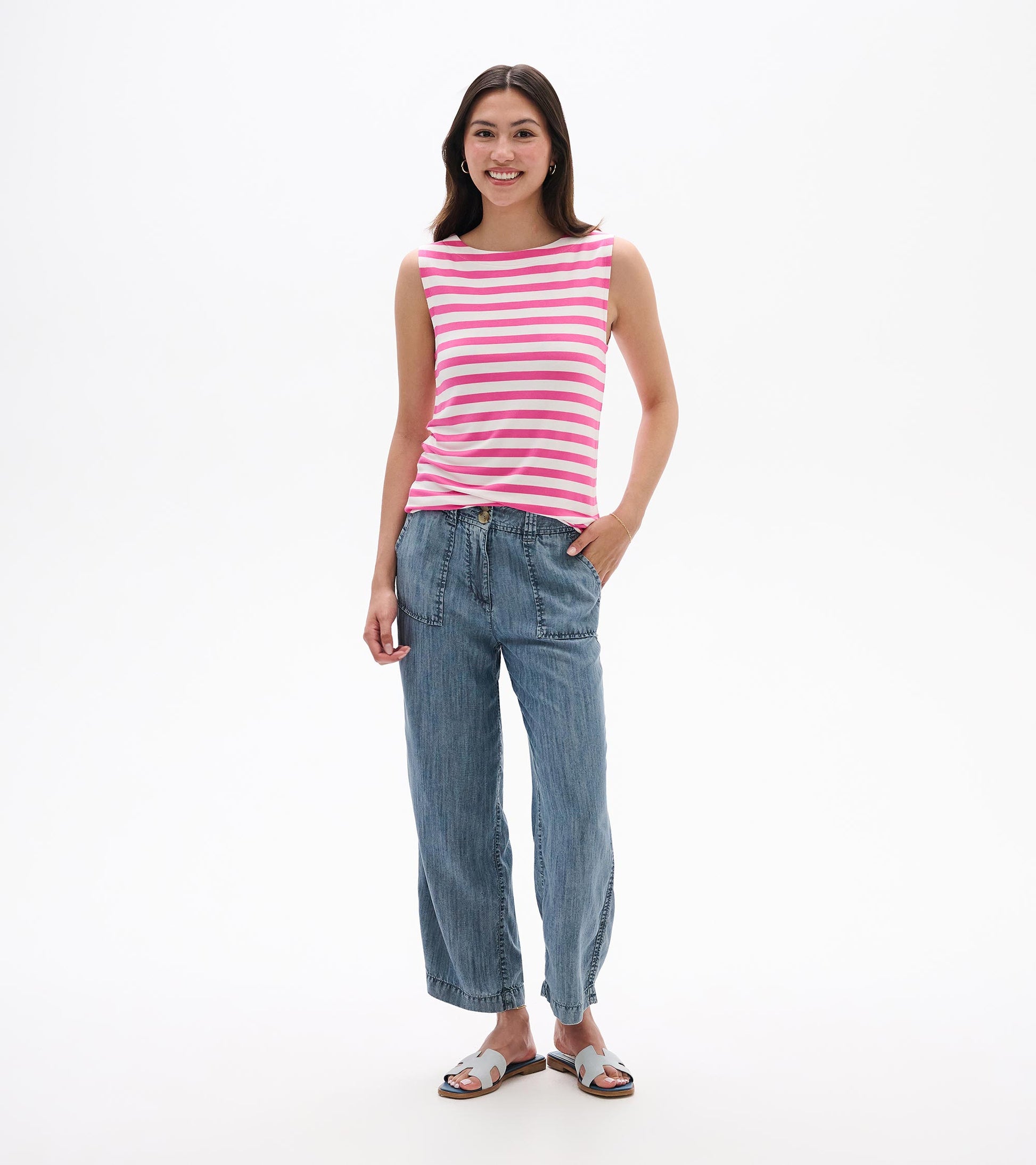 Sleeveless pink-and-white striped tank top with a straight hem, shown on a model front view