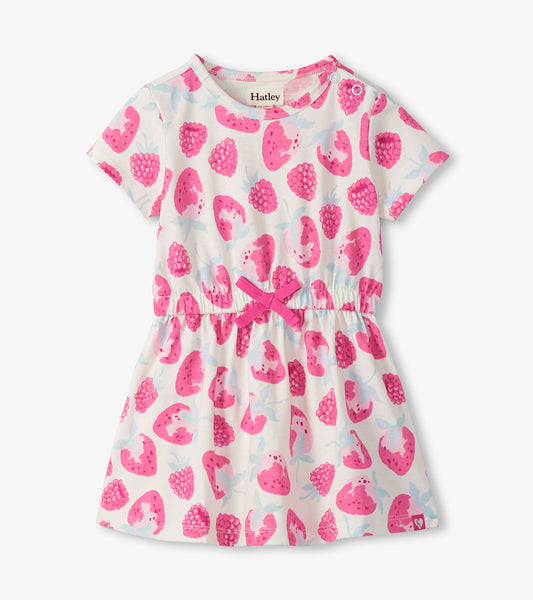 White short-sleeve toddler dress with pink berry print, elastic waist, and pink bow detail, front view