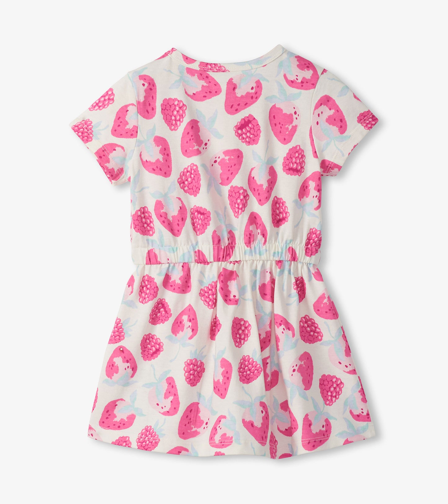 Short-sleeve girls' dress with white background and pink berry print, gathered waist, front view