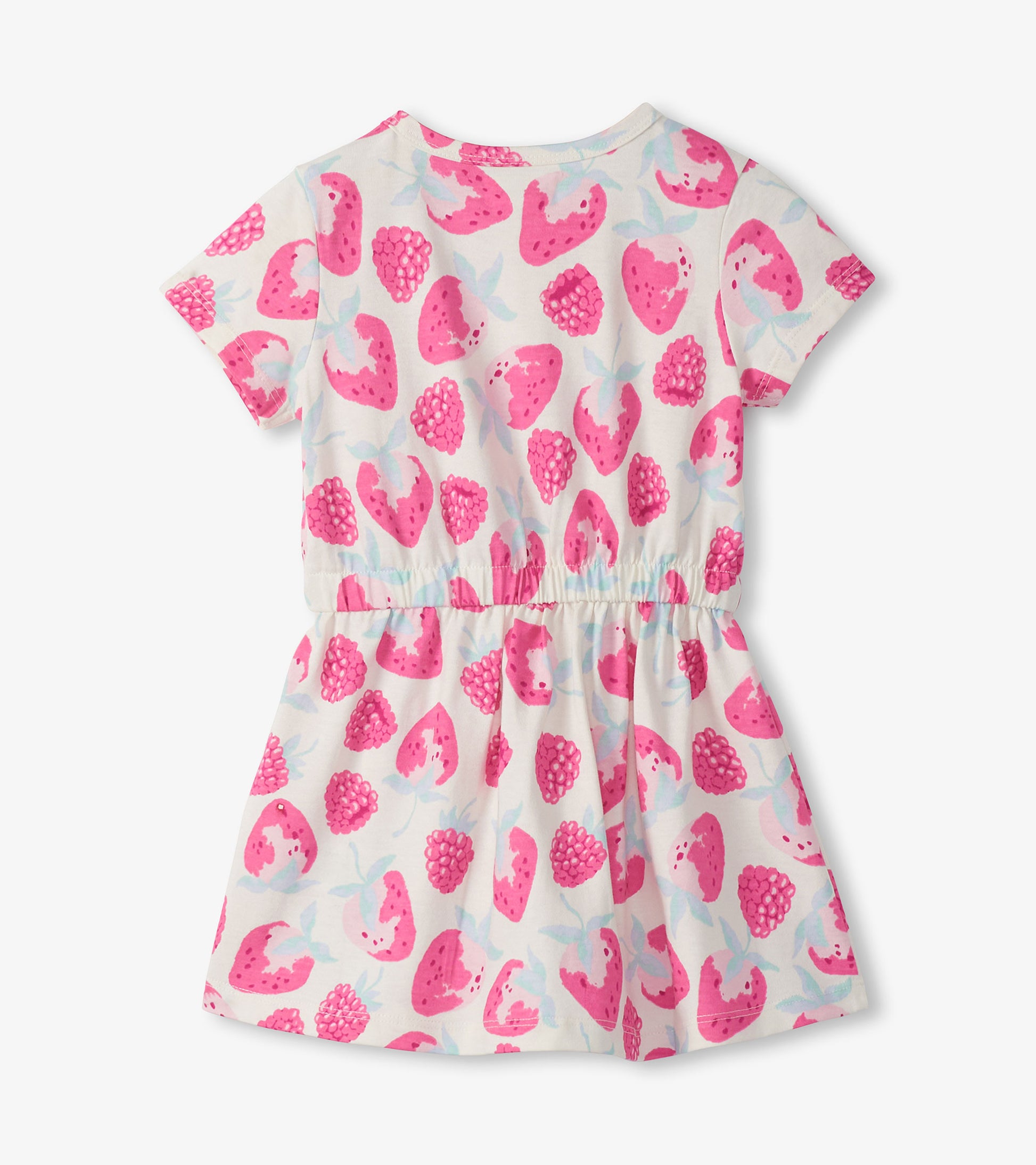 Short-sleeve girls' dress with white background and pink berry print, gathered waist, front view