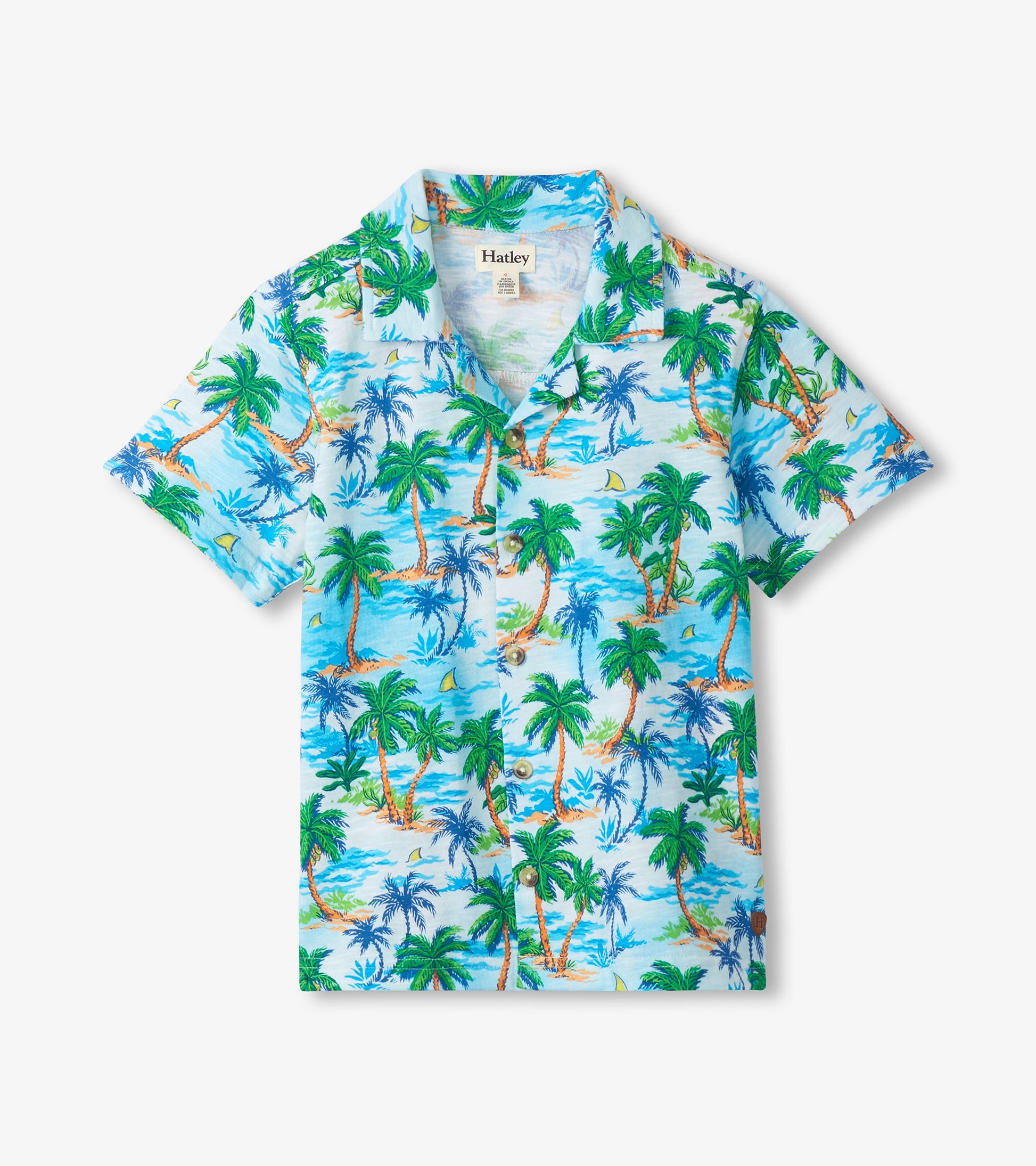 Light blue boys short-sleeve button-down shirt with tropical palm tree print, front view