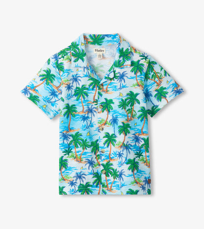 Light blue boys short-sleeve button-down shirt with tropical palm tree print, front view