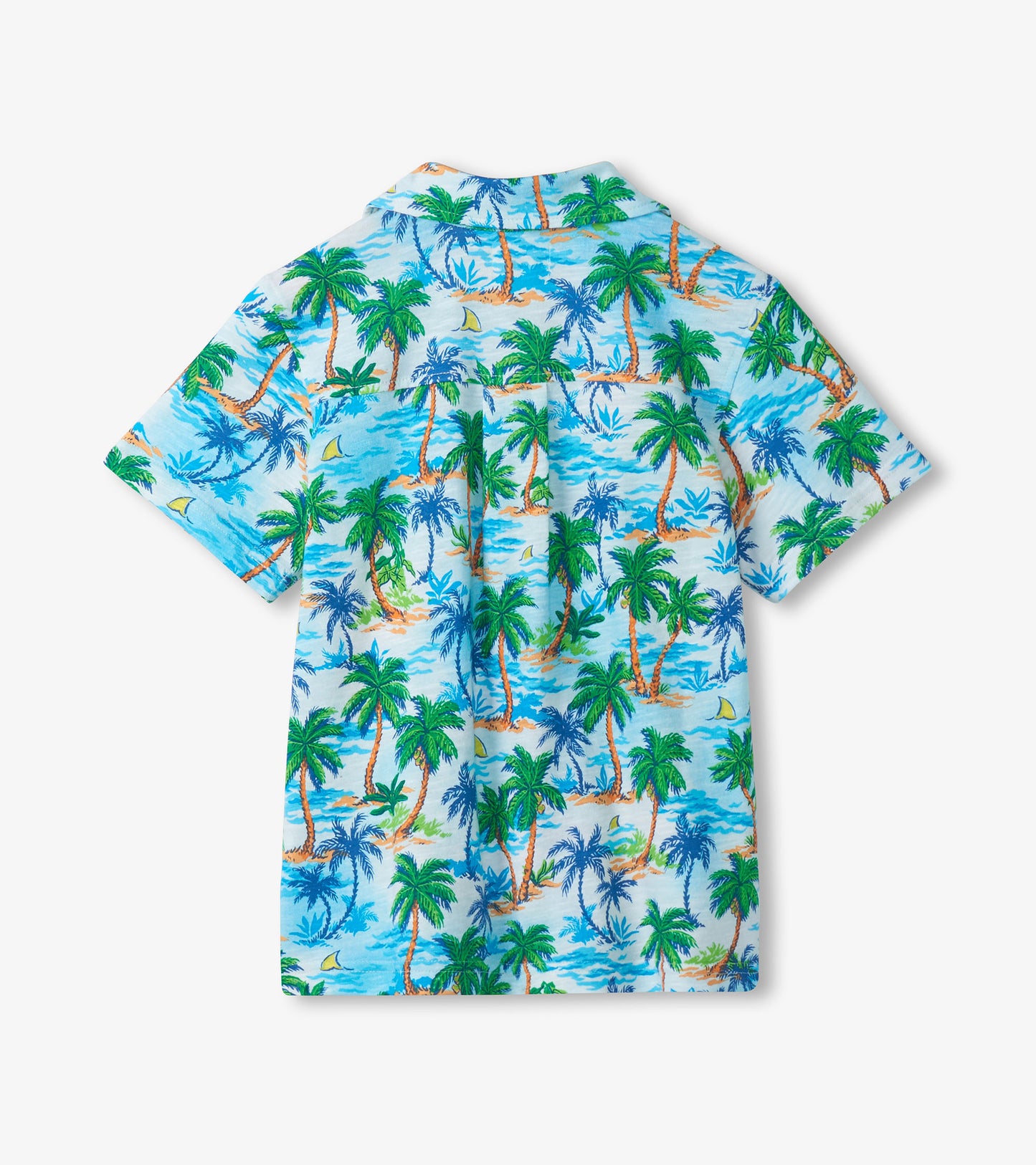 Kids light blue button-down shirt with tropical palm tree print, back view