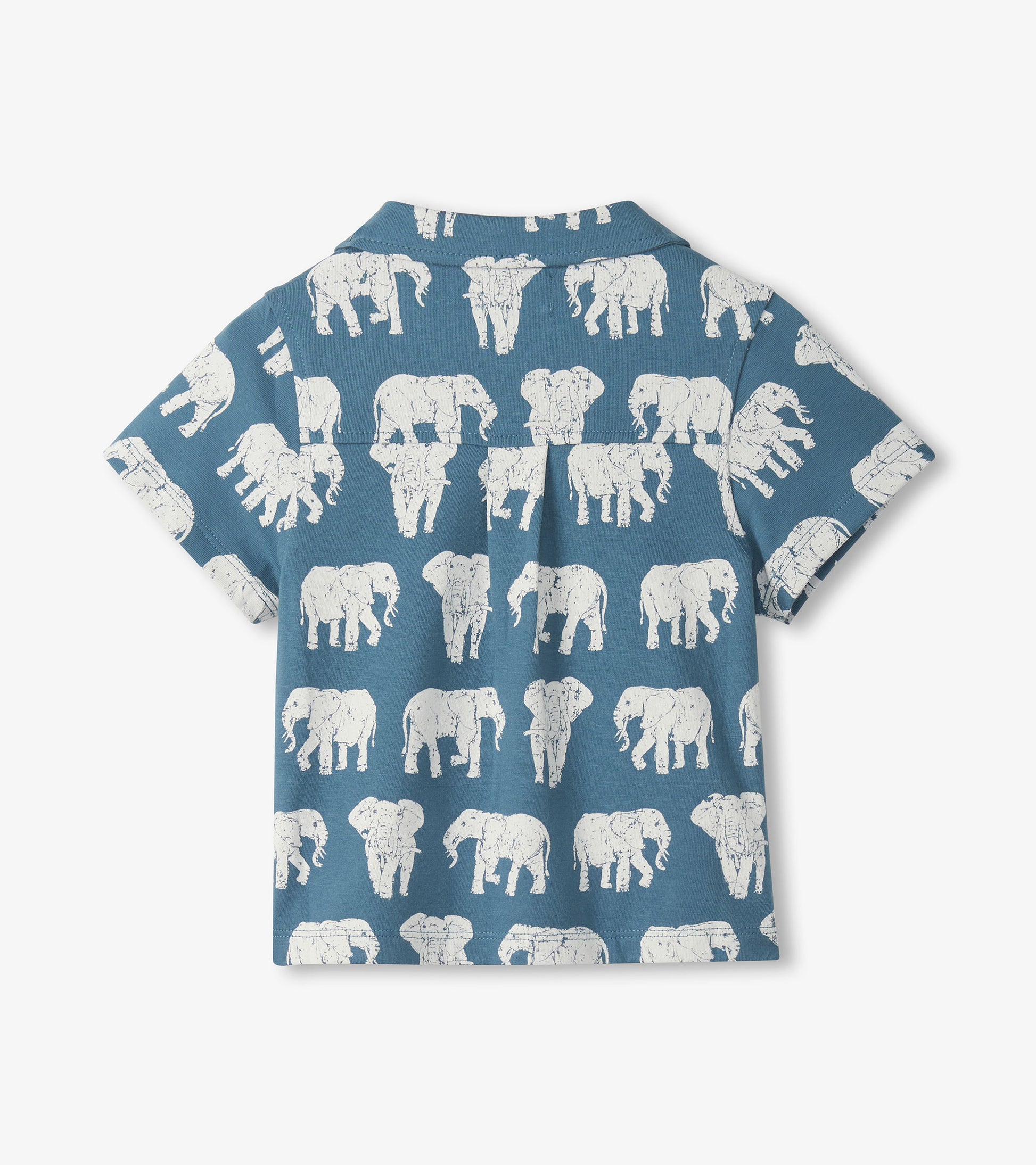 Blue short-sleeve button-down shirt with white elephant print, shown from the back