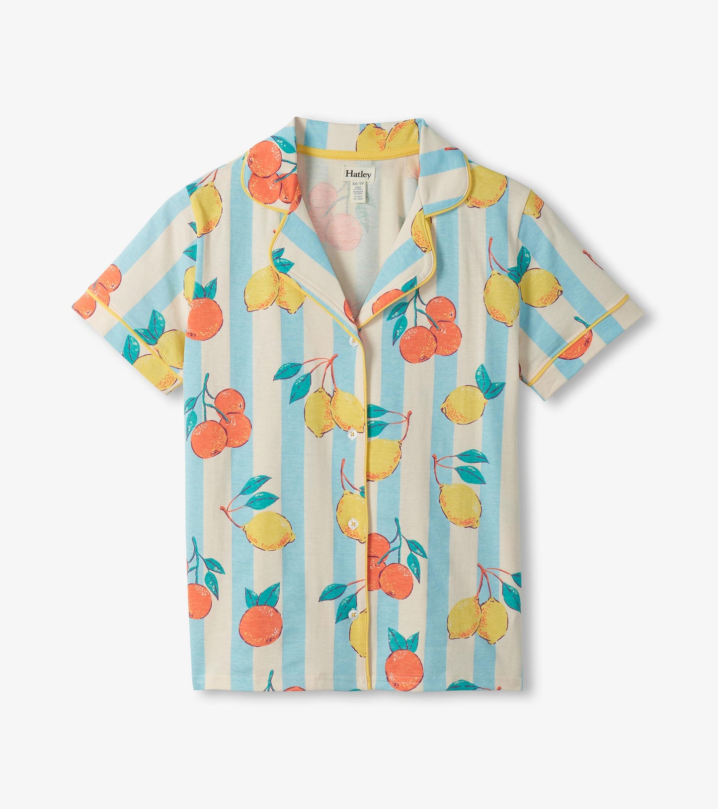 Women's pajama top with blue and cream stripes, citrus print, short sleeves, and yellow piping