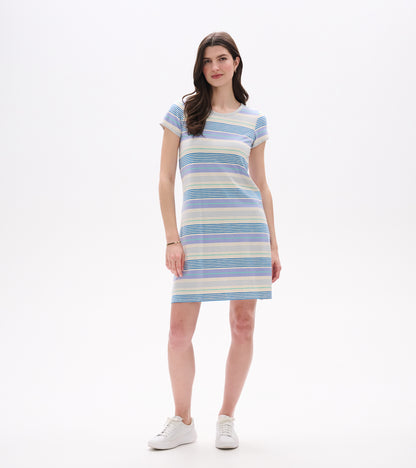 Front view of A-line T-shirt dress with short sleeves and blue, lavender, and mint horizontal stripes