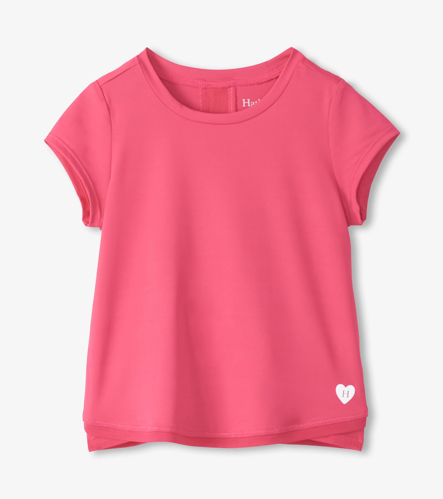 Pink girls' short-sleeve T-shirt with mesh trim and a small heart logo near the hem, front view