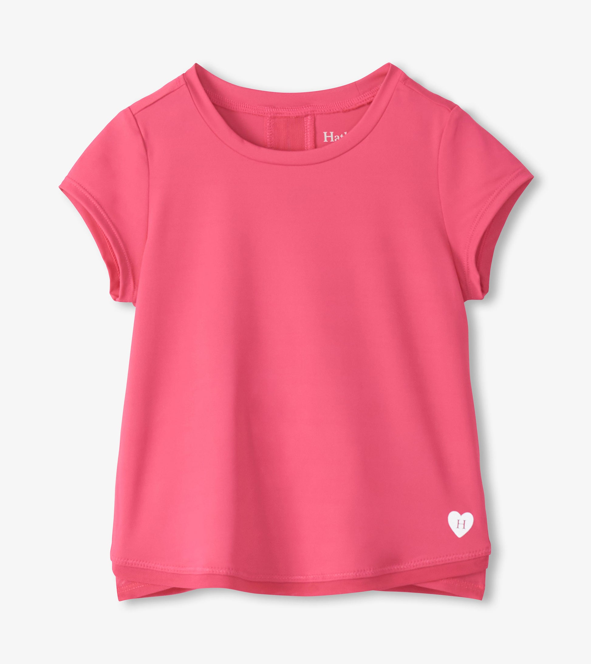 Pink girls' short-sleeve T-shirt with mesh trim and a small heart logo near the hem, front view