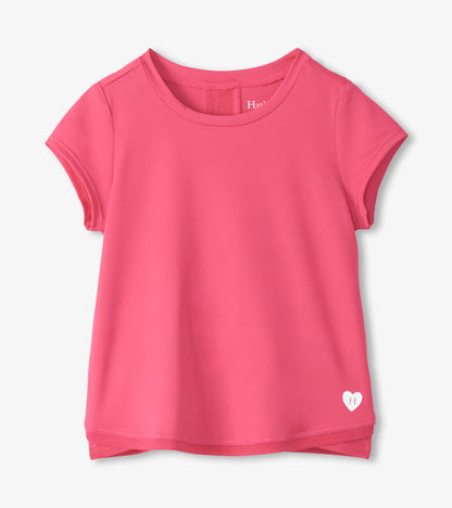 Pink girls' short-sleeve T-shirt with mesh trim and a small heart logo near the hem, front view