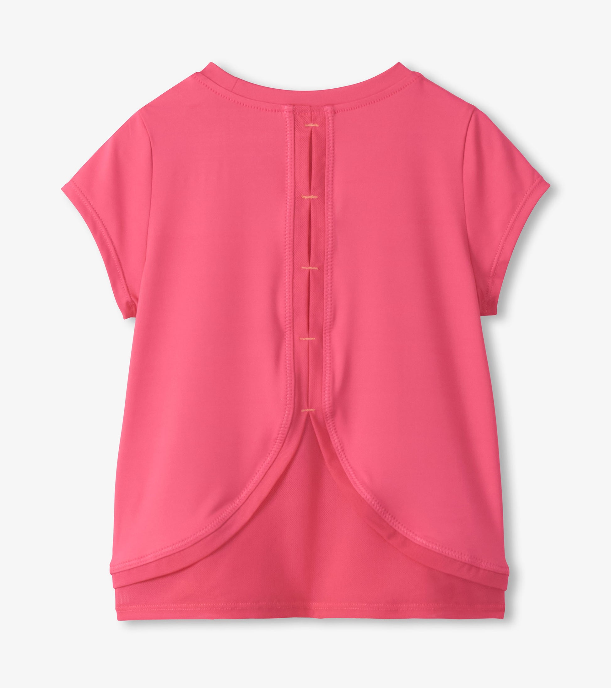 Pink girls short-sleeve T-shirt with mesh trim and curved hem, back view