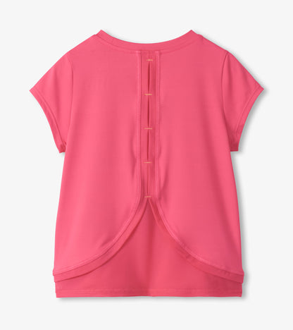 Pink girls short-sleeve T-shirt with mesh trim and curved hem, back view