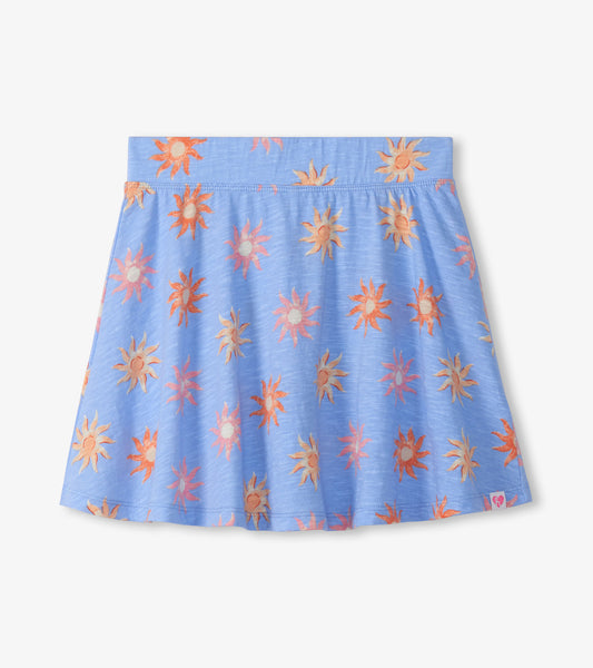Blue girls skort with orange and pink sun print, flared hem, front view