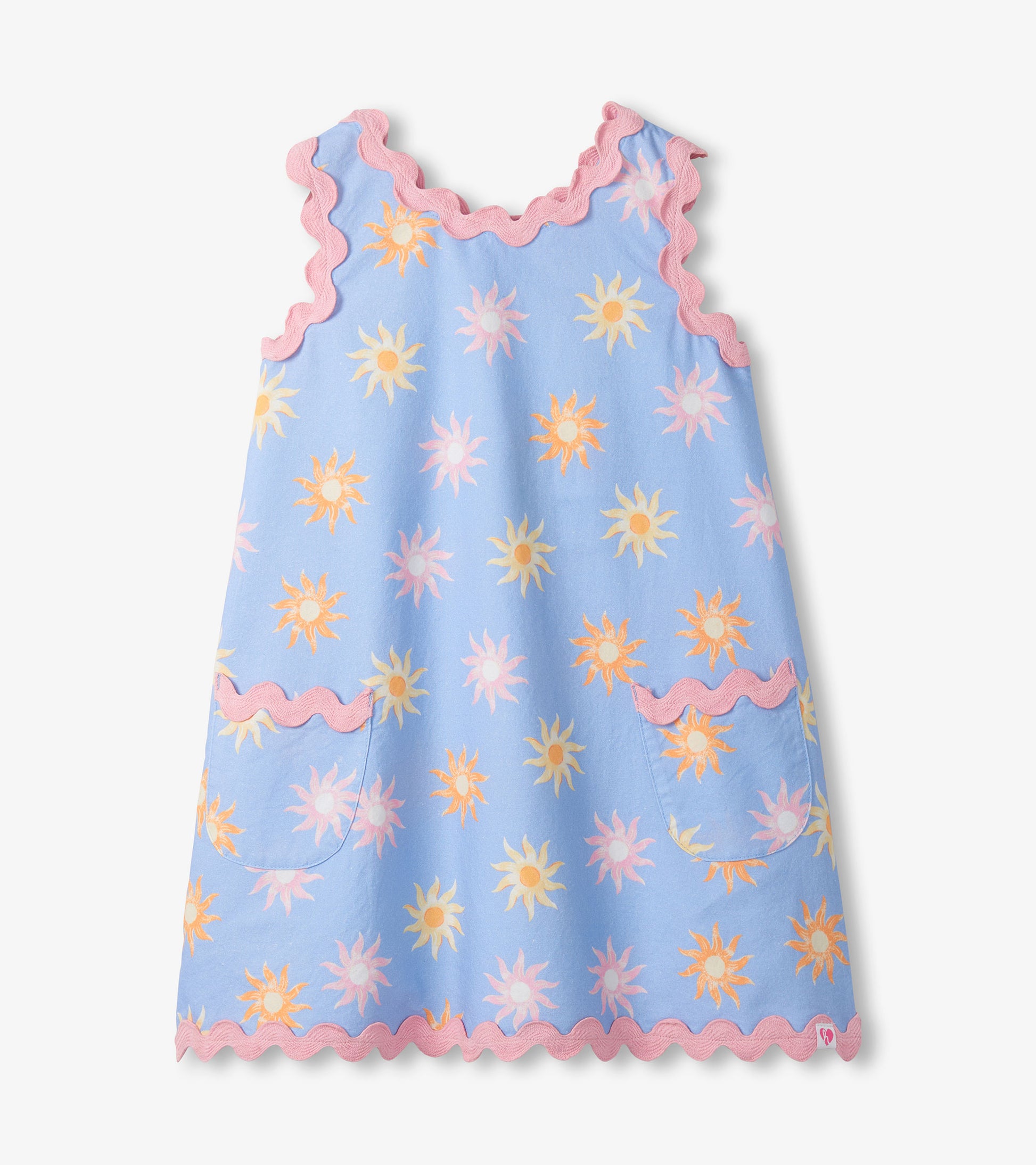 Blue Girls Faded Suns pinafore dress with pink rickrack trim, patch pockets, and scalloped hem