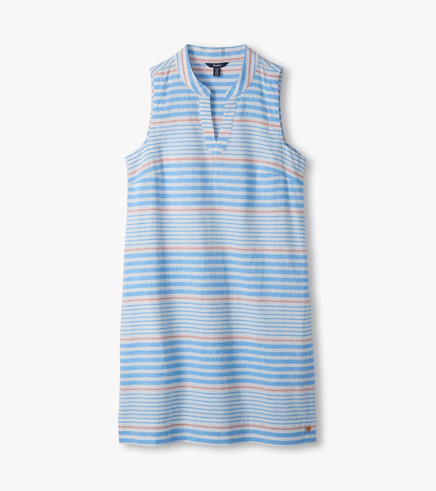 Flat lay of sleeveless striped Marin Dress with split V-neck in blue, white, and pink