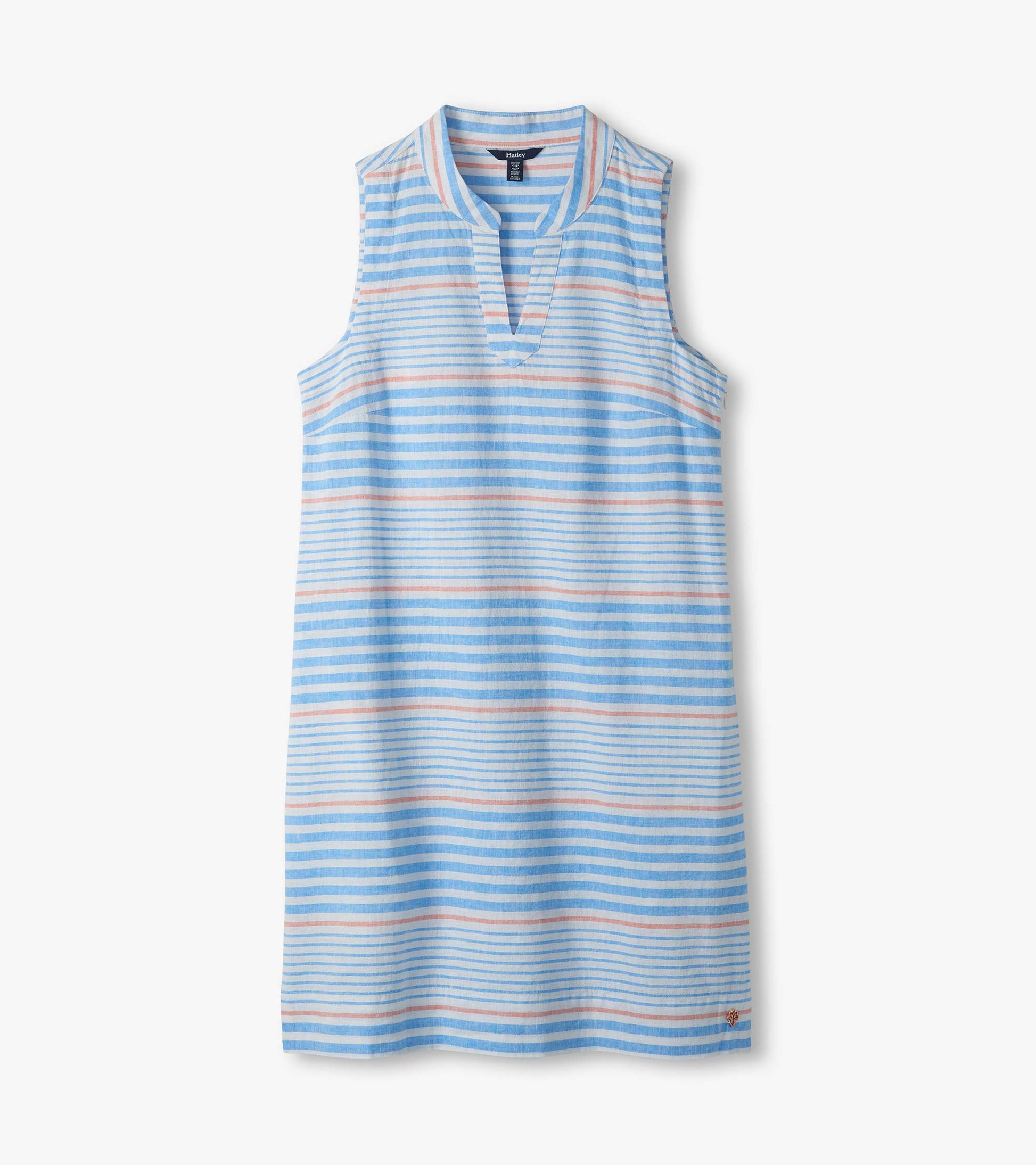 Flat lay of sleeveless striped Marin Dress with split V-neck in blue, white, and pink