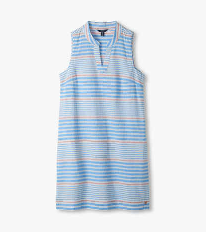 Flat lay of sleeveless striped Marin Dress with split V-neck in blue, white, and pink