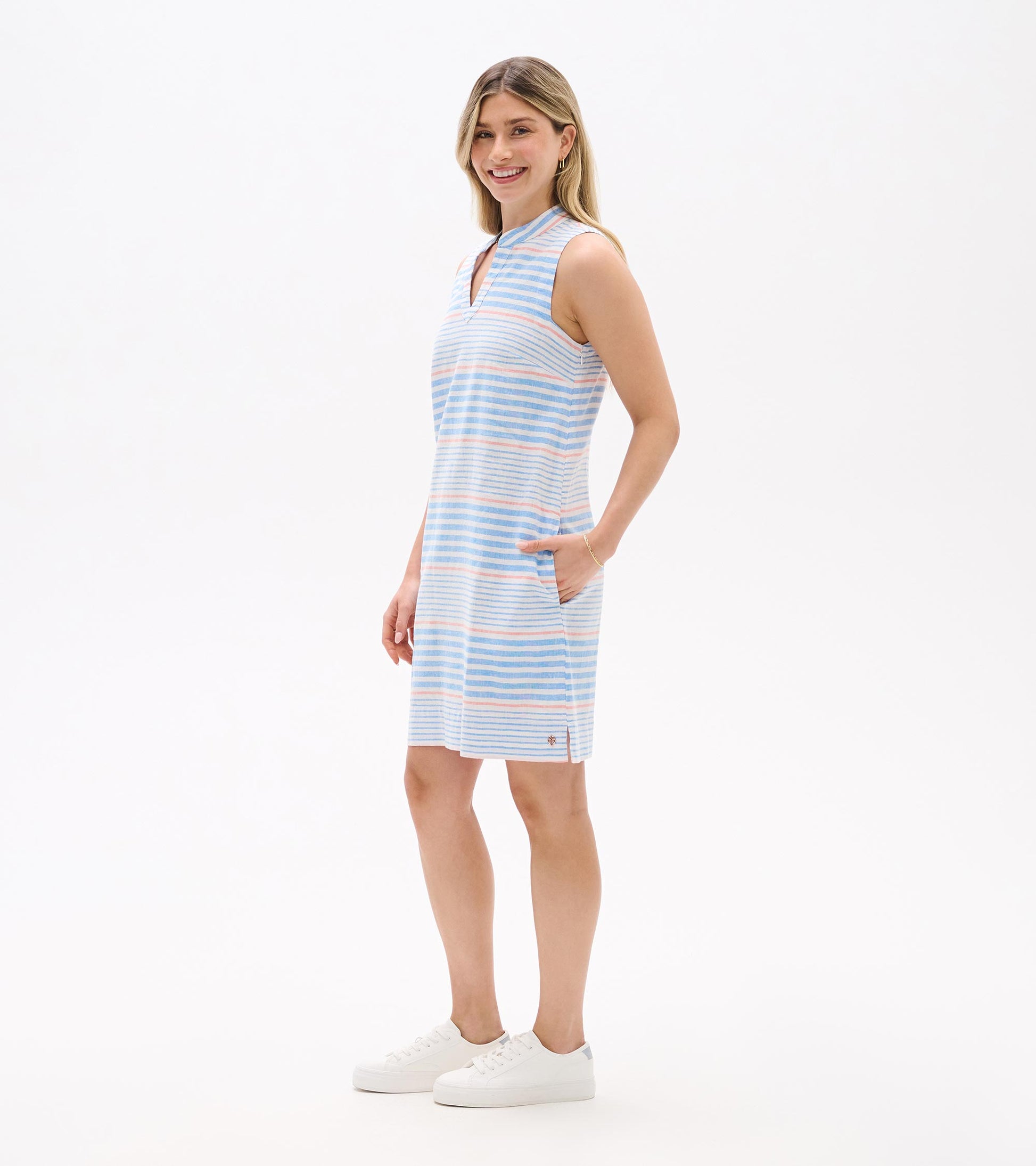 Side view of Marin Dress showing blue and white stripes, pink accents, and side pocket