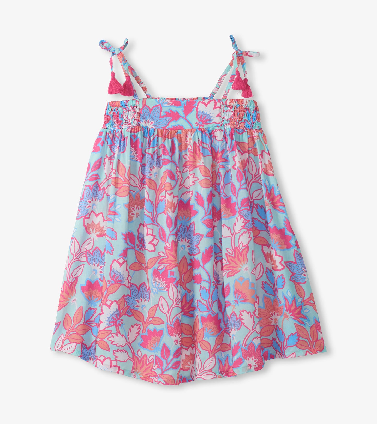 Girls floral smocked sundress with spaghetti straps and tassel ties, blue, pink, and coral print, front view
