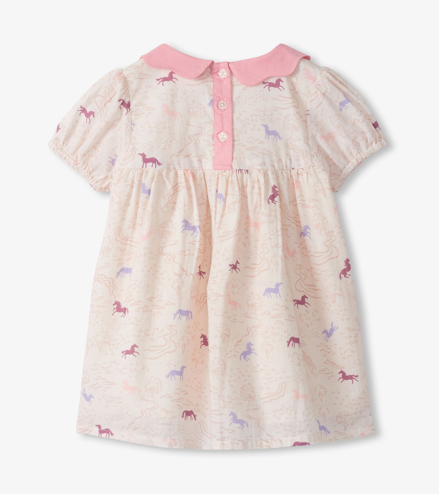 Cream short-sleeve toddler dress with pink collar, button placket, and pastel pony print