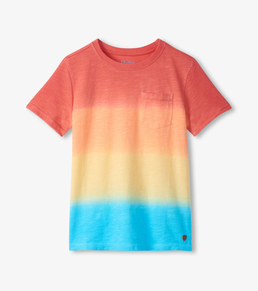 Front view of a short-sleeve crew neck T-shirt with coral-to-yellow-to-blue gradient and chest pocket