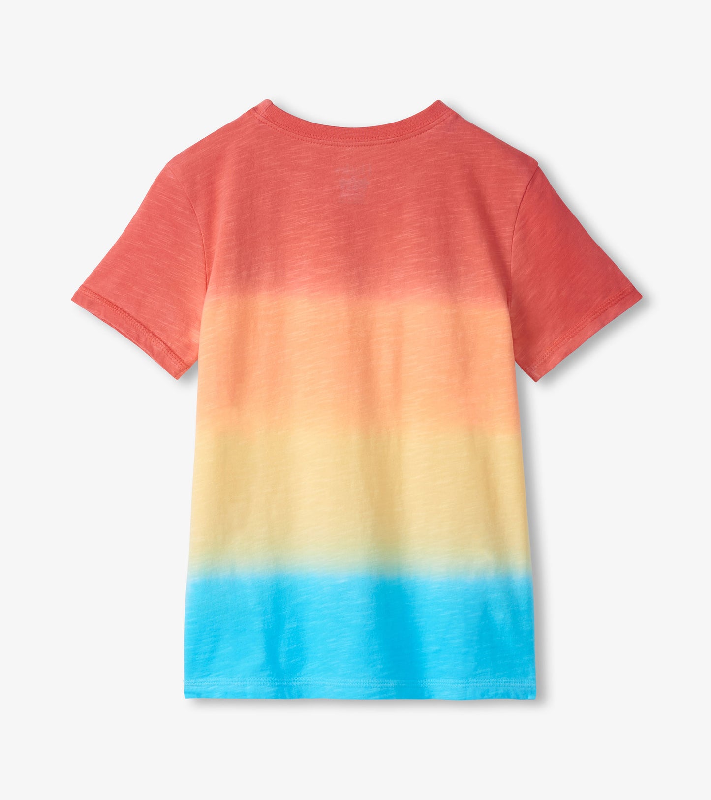 Back view of a short-sleeve crew neck T-shirt with coral-to-yellow-to-blue gradient stripes