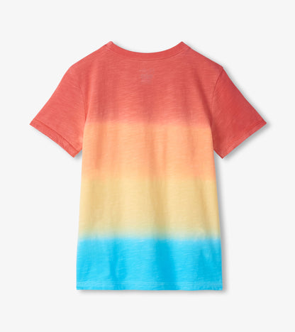 Back view of a short-sleeve crew neck T-shirt with coral-to-yellow-to-blue gradient stripes