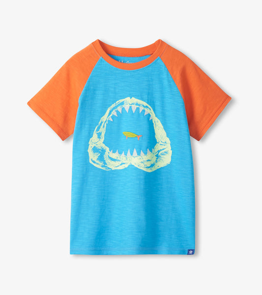 Blue and orange boys raglan T-shirt with shark mouth graphic on front, short sleeves, crew neck