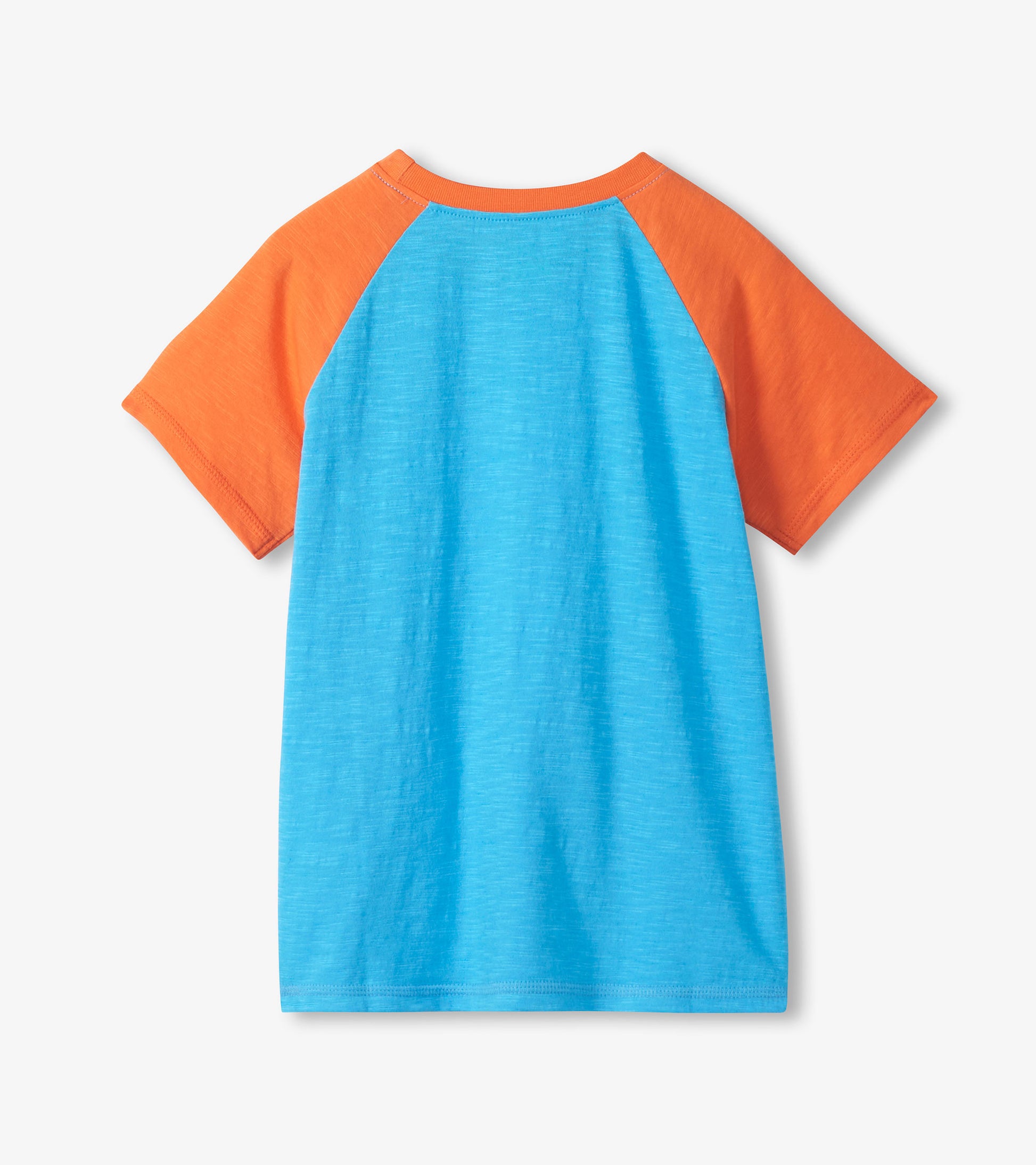 Blue and orange boys raglan T-shirt with short sleeves and crew neck, back view