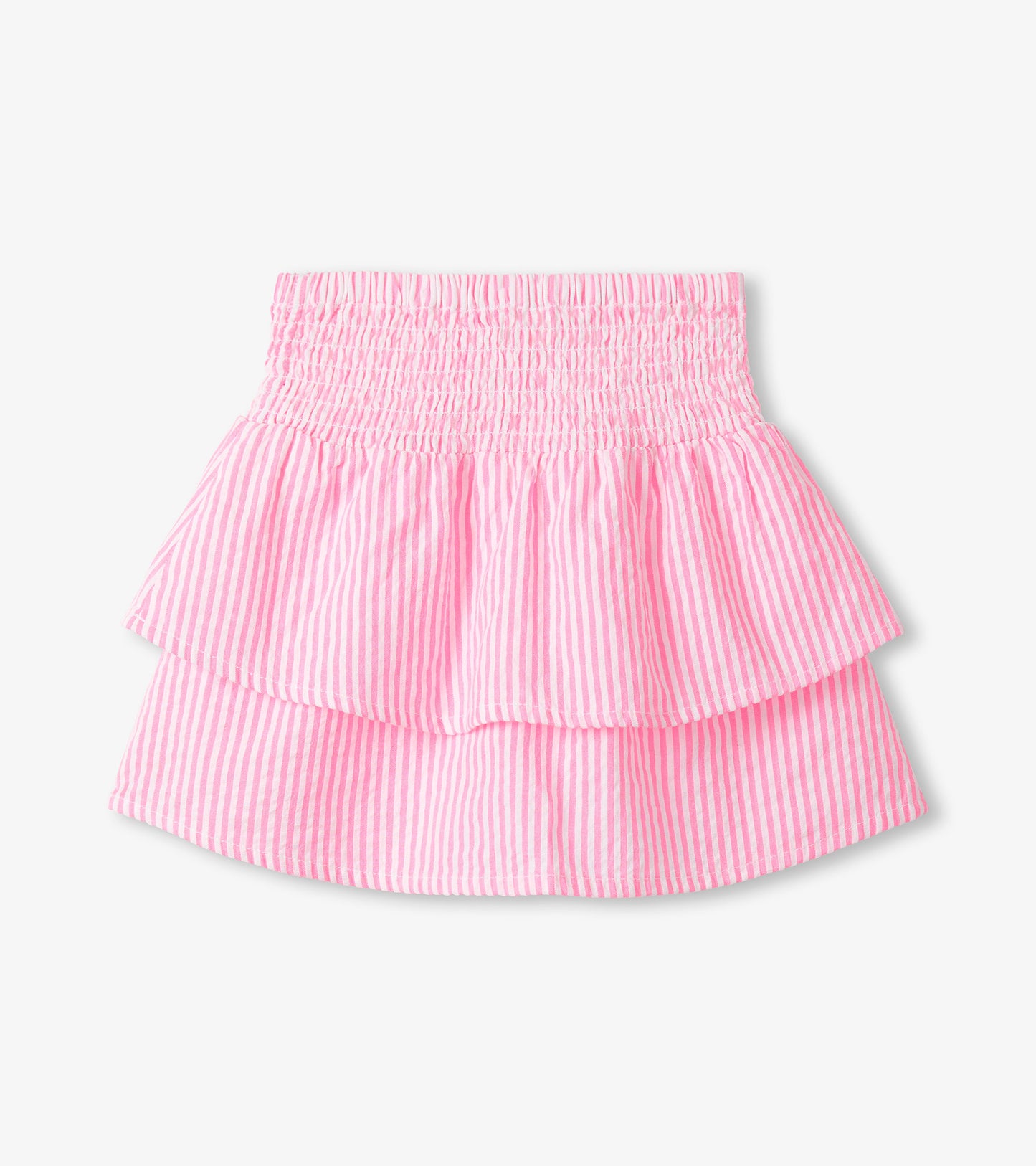 Girls neon pink seersucker striped smocked waist skirt with layered ruffle hem