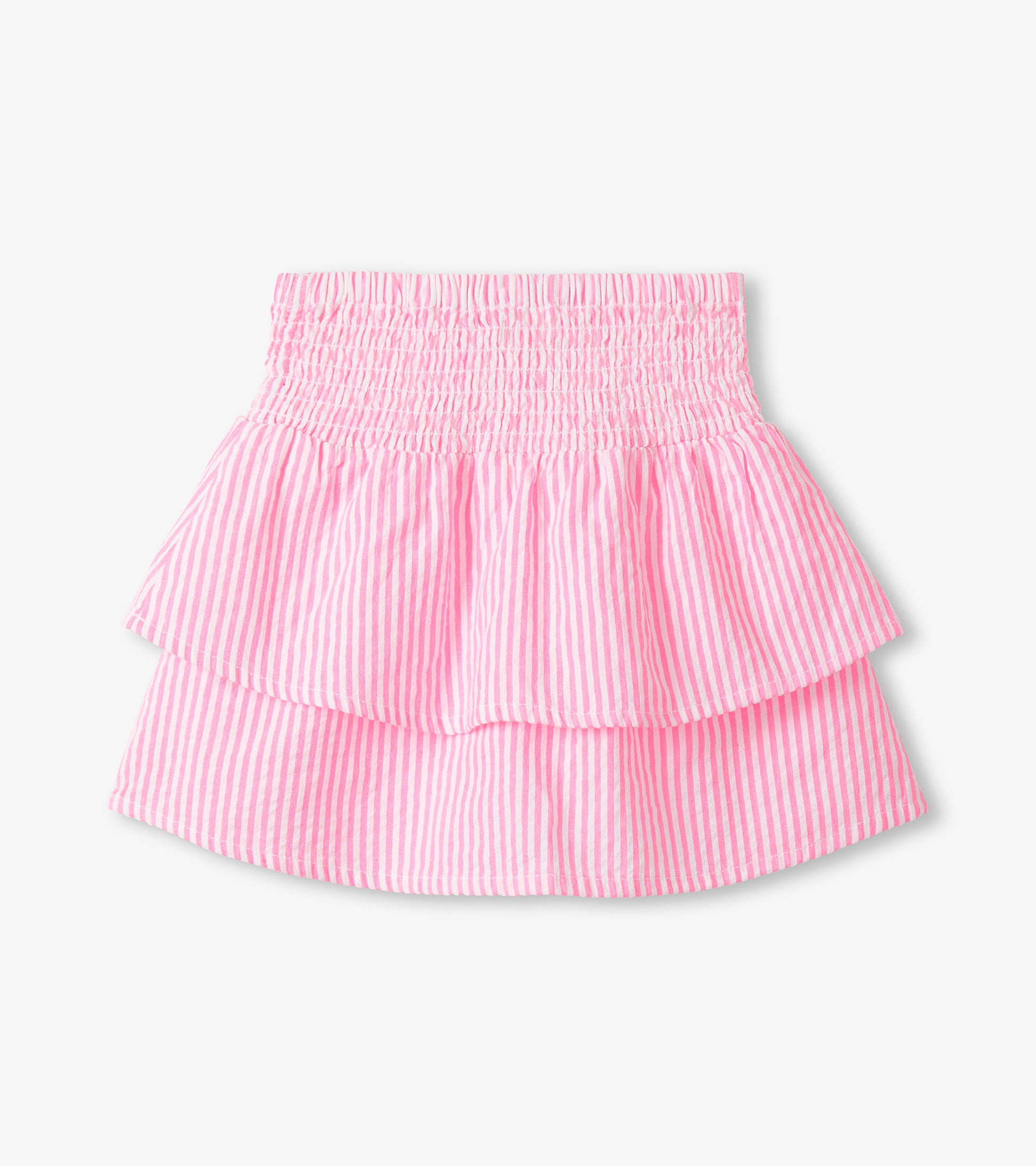 Girls neon pink seersucker striped smocked waist skirt with layered ruffle hem