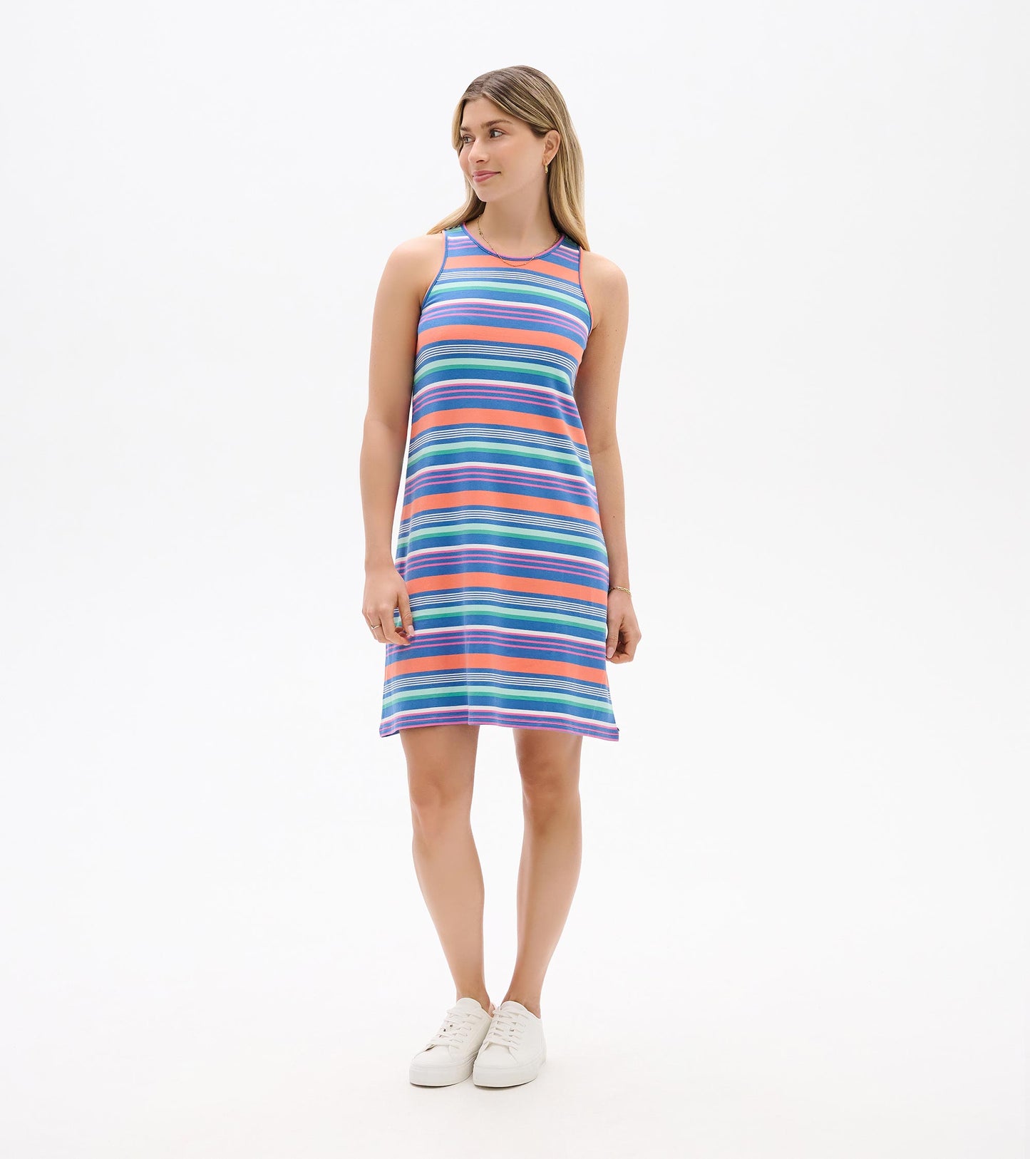 Sleeveless A-line dress with multicolor horizontal stripes, knee length, front view