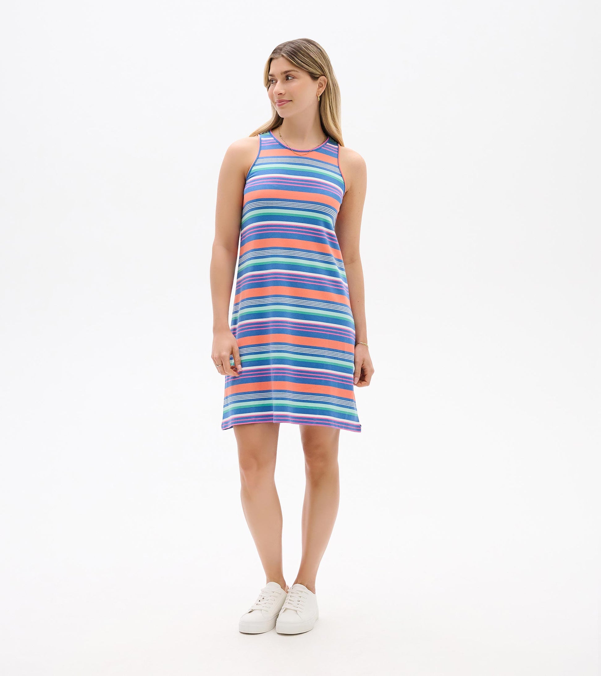 Sleeveless A-line dress with multicolor horizontal stripes, knee length, front view