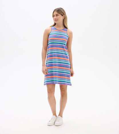Sleeveless A-line dress with multicolor horizontal stripes, knee length, front view