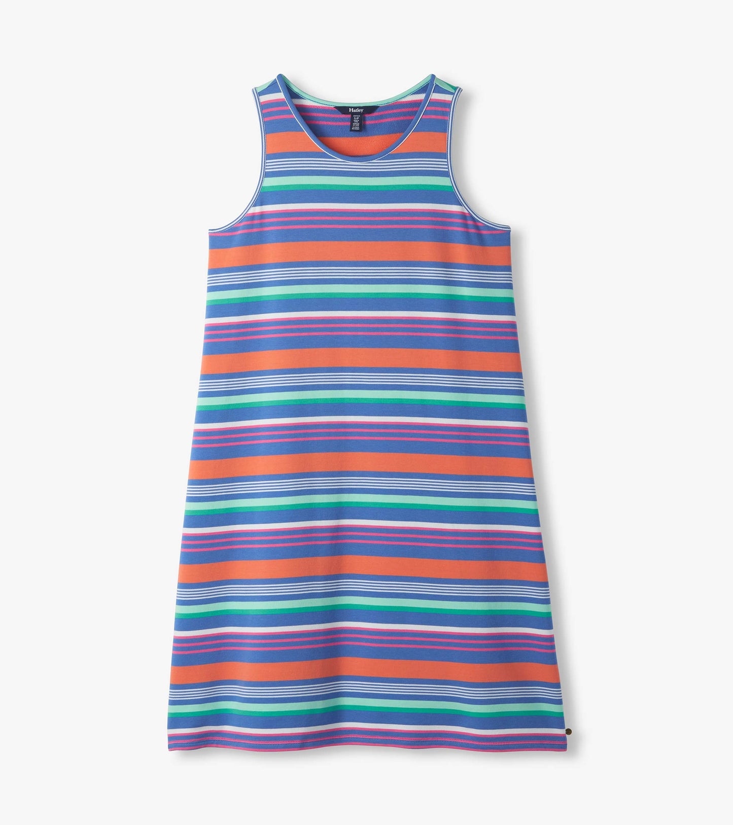 Sleeveless striped dress with blue, orange, pink, and green horizontal bands, front view