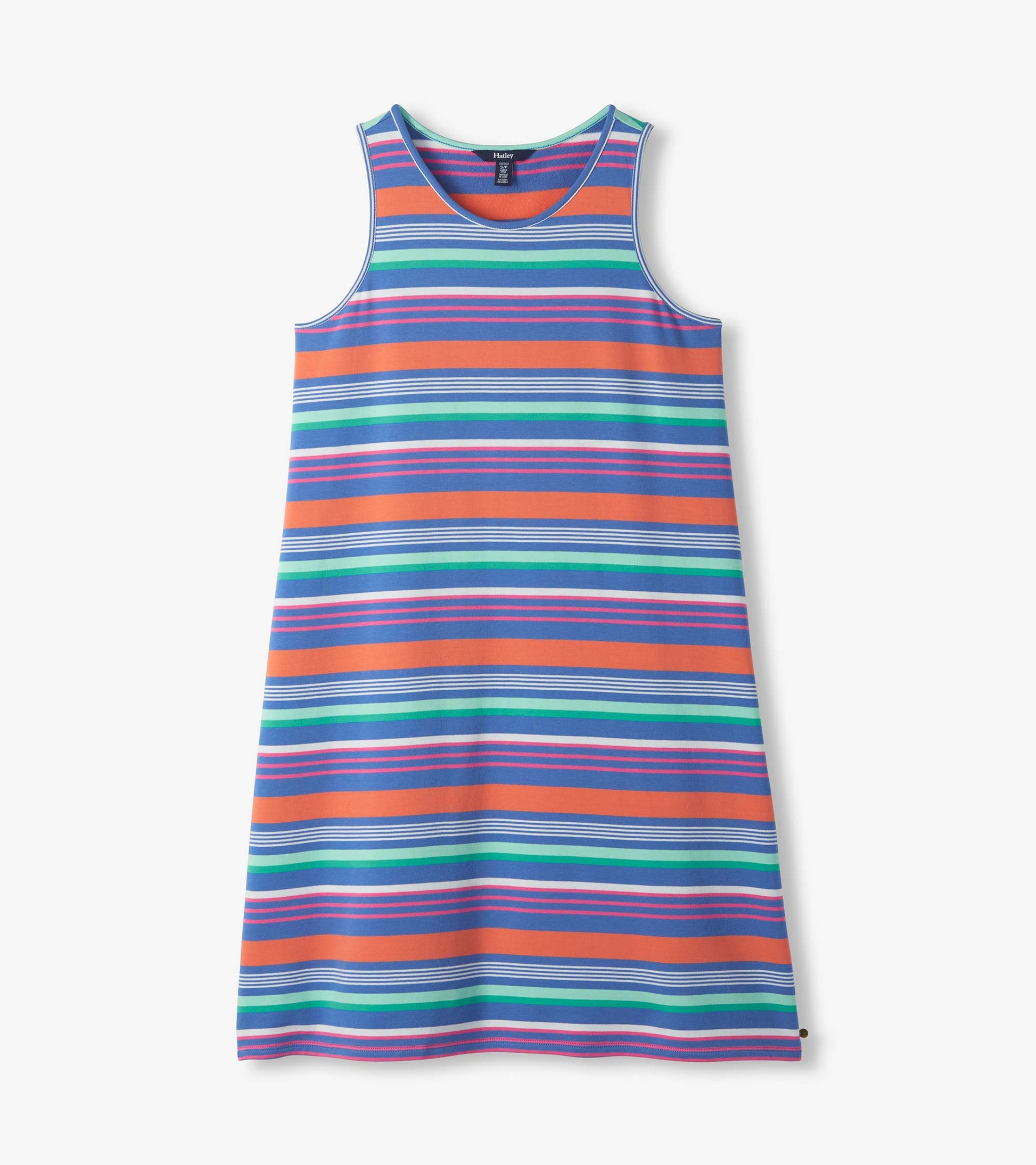 Sleeveless striped dress with blue, orange, pink, and green horizontal bands, front view