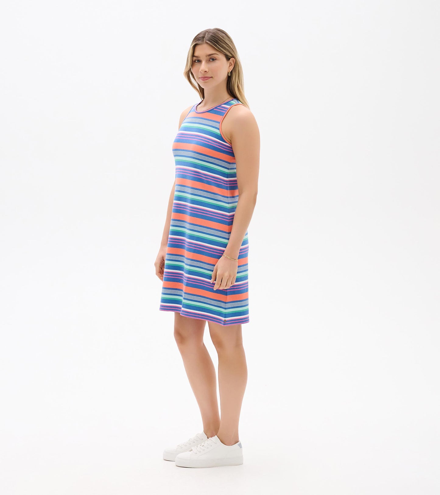Sleeveless knee-length dress with multicolor horizontal stripes, shown on model in front view