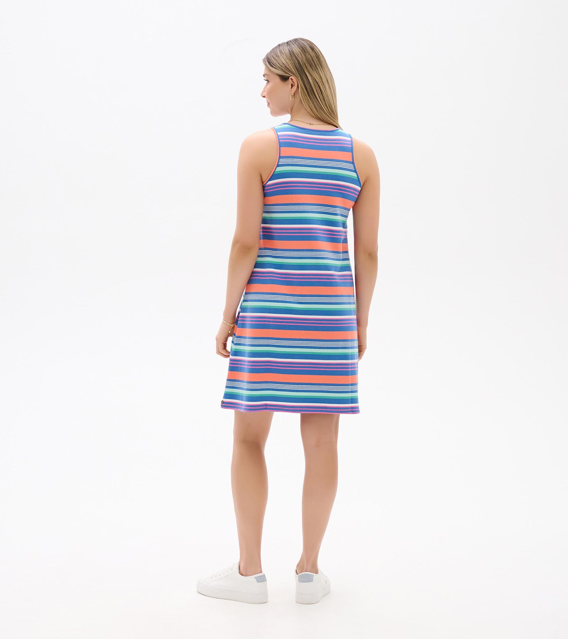 Sleeveless striped dress in blue, coral, pink, and green, shown from the back, knee length with a relaxed fit