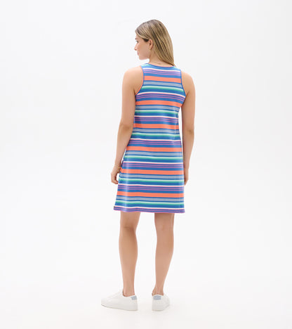 Sleeveless striped dress in blue, coral, pink, and green, shown from the back, knee length with a relaxed fit