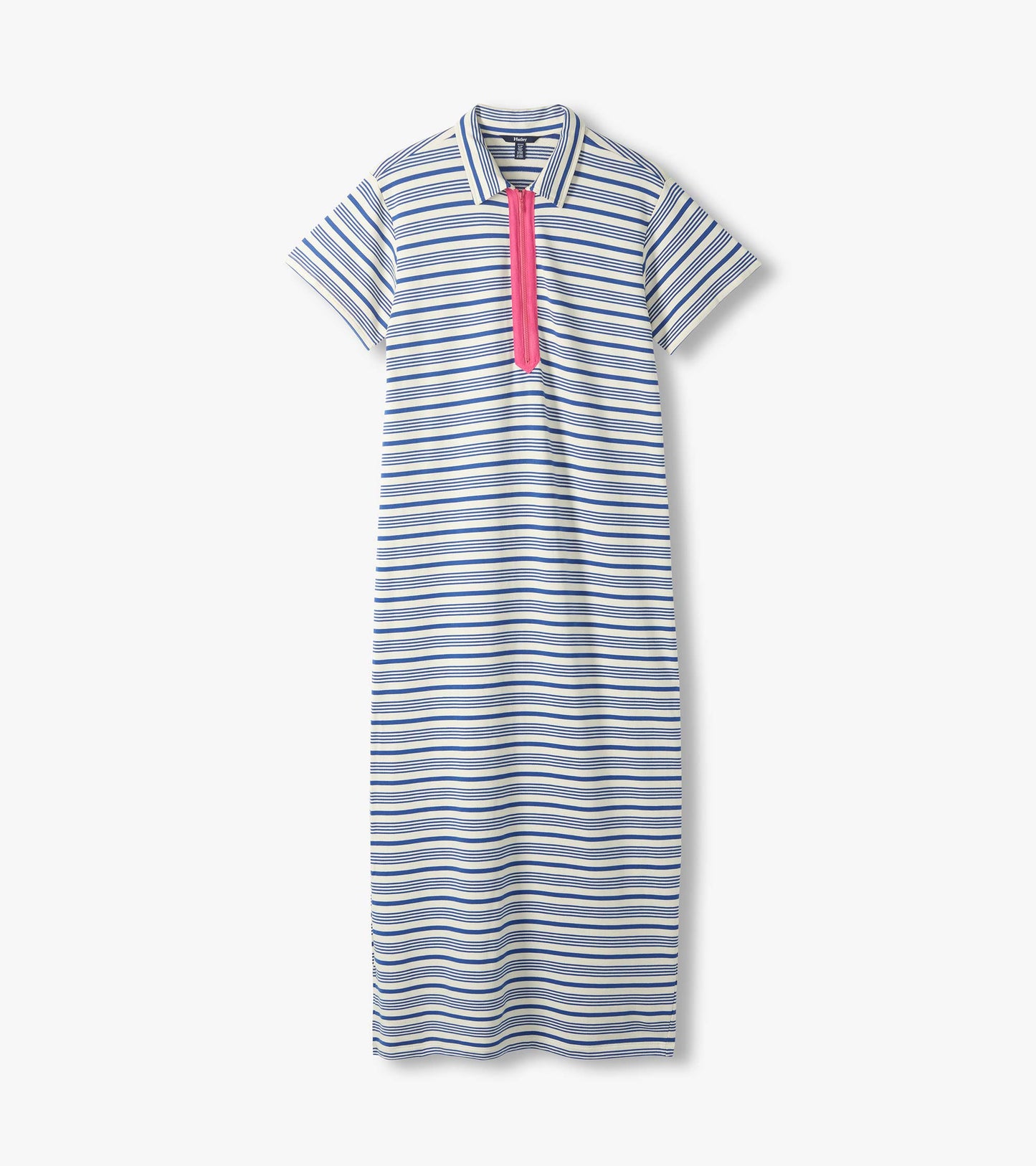 Front view of a cream maxi dress with blue stripes, short sleeves, collar, and pink zip placket