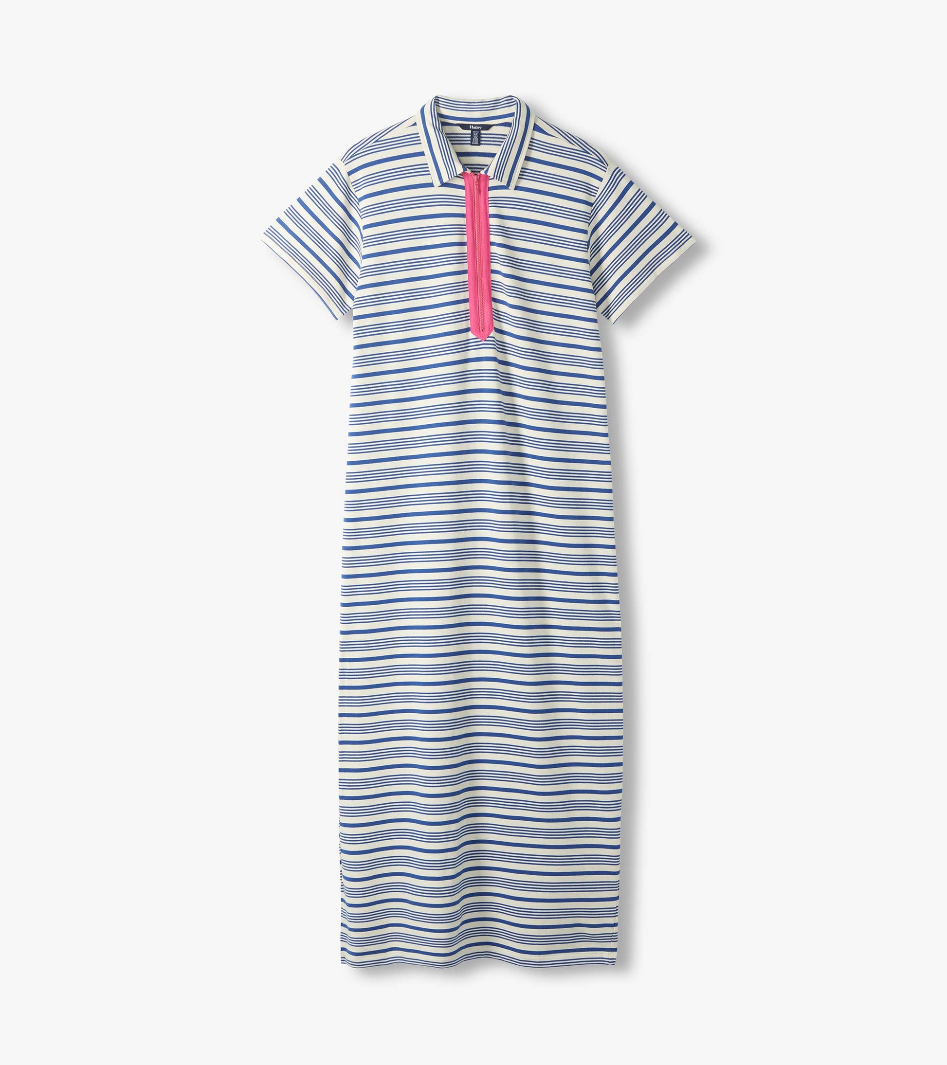 Front view of a cream maxi dress with blue stripes, short sleeves, collar, and pink zip placket