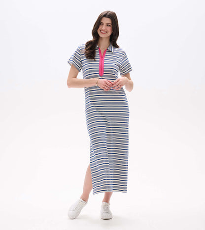 Women’s maxi dress with blue and white stripes, short sleeves, pink zip neckline, and side slit, front view
