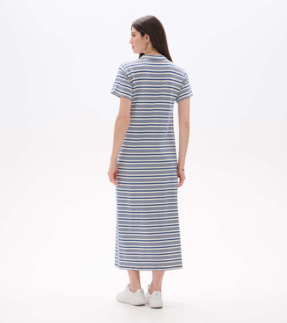 Back view of a white maxi dress with blue horizontal stripes, short sleeves, and a straight fit.