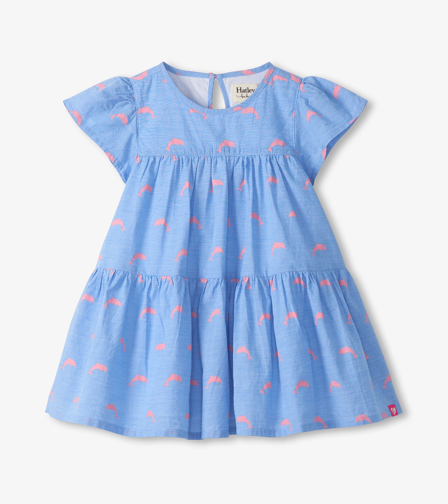Robe bouffante étagée tissée en coton Oxford – Petits dauphins roses