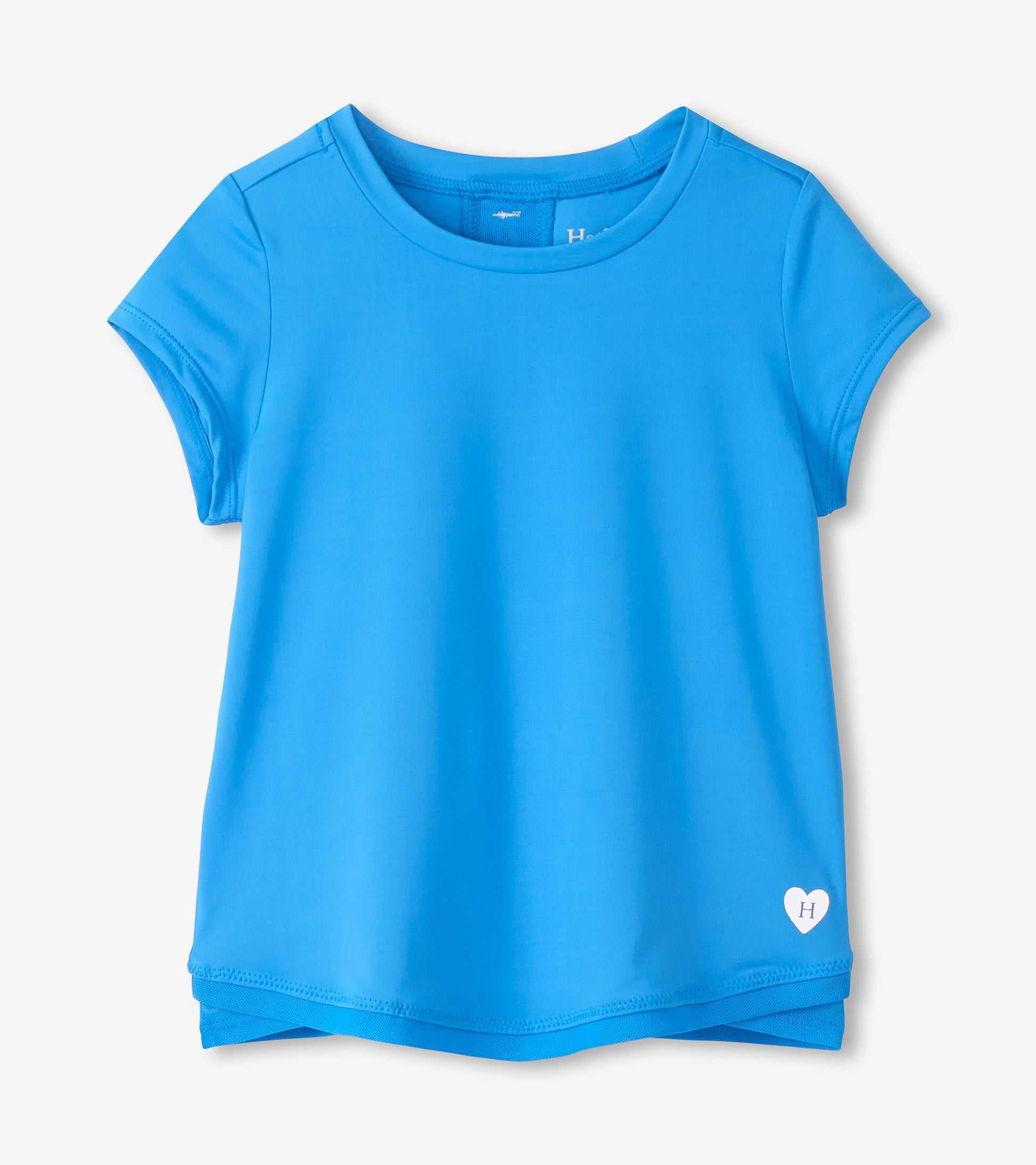 Blue short-sleeve girls T-shirt with mesh trim and a small heart logo at the hem, front view.