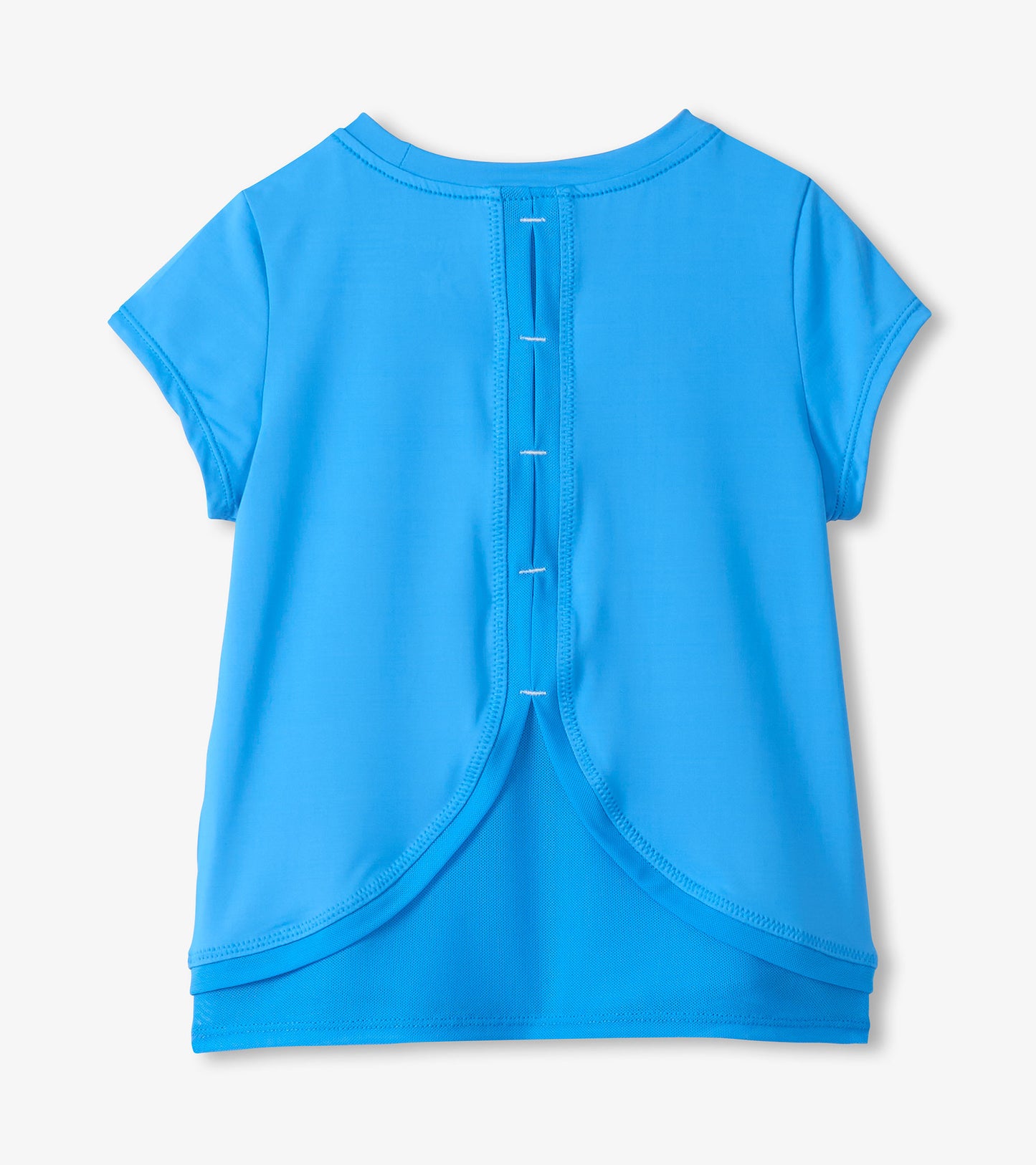 Blue girls short-sleeve T-shirt with mesh trim and curved back hem, back view